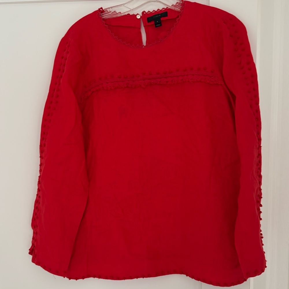 J.Crew red orange linen long sleeve blouse w/ 3D dot details + tassels / fringe